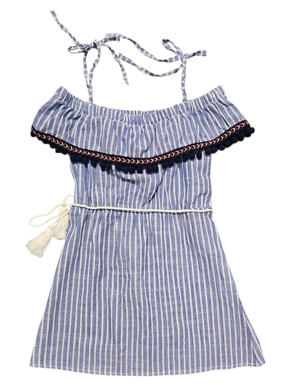 ELSTA By CSN Girls Blue & White Striped Summer Dress with Tassel Tie Size 6